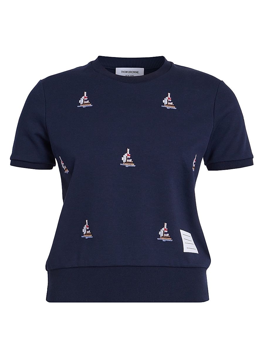 Women's Sailboat Intarsia-Knit Cotton Sweater - Navy - Size 12