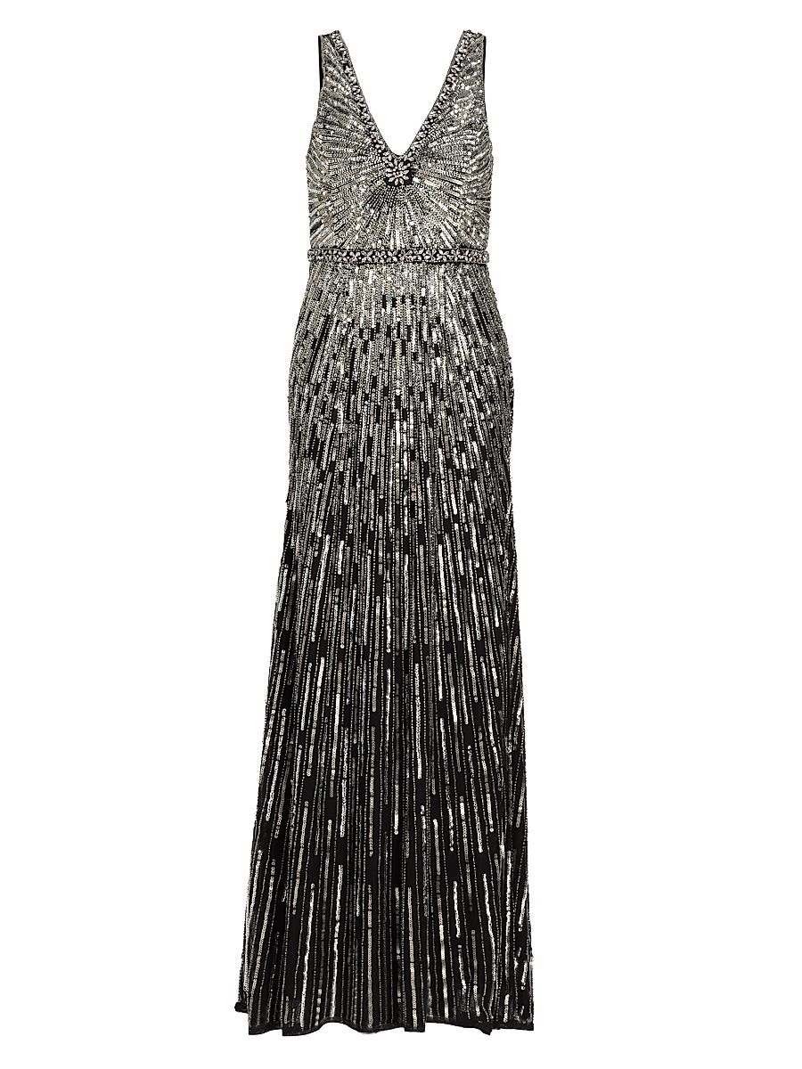 Women's Sequined V-Neck A-Line Gown - Black Silver - Size 14