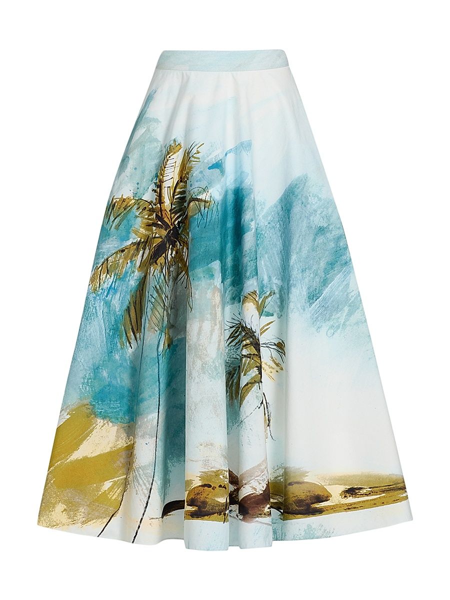 Women's Beach Print Cotton Poplin Circle Midi-Skirt - Blue Green - Size 16