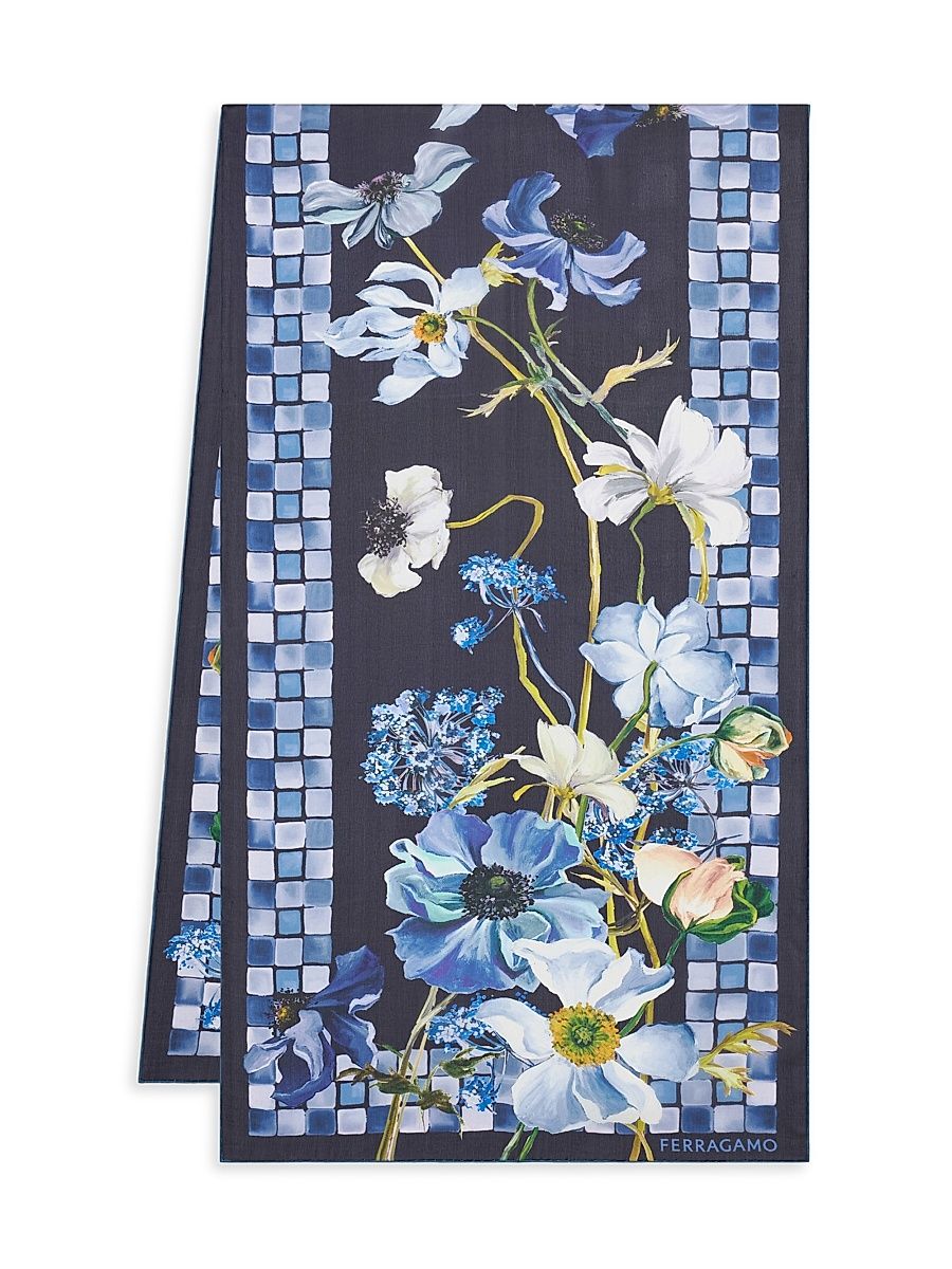 Women's Floral Silk Scarf - Navy