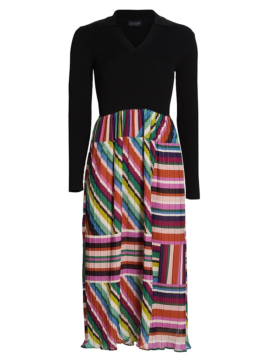 Women's Mave Mix Media Pleated Midi-Dress - Noir Venus Stripe - Size Large