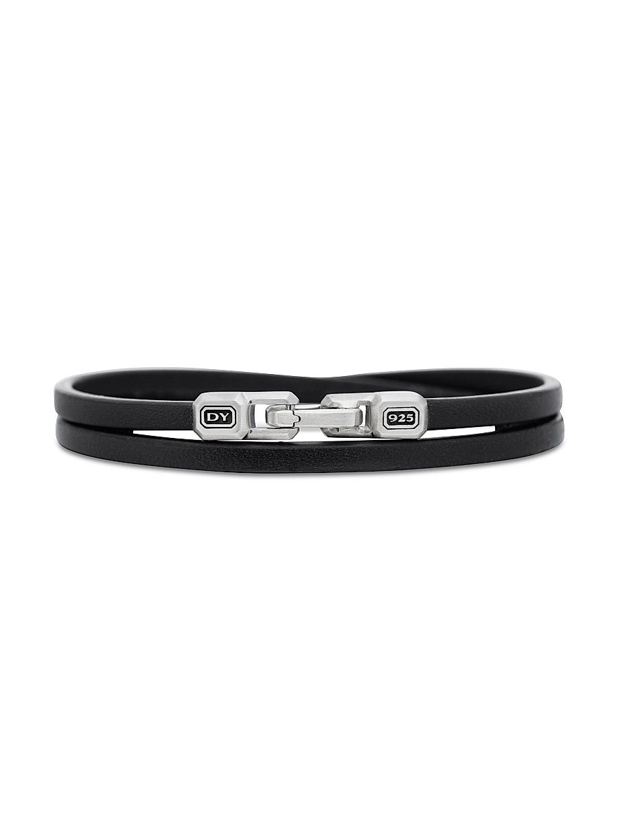 Men's Streamline Double Wrap Black Leather Bracelet - Black - Size Small