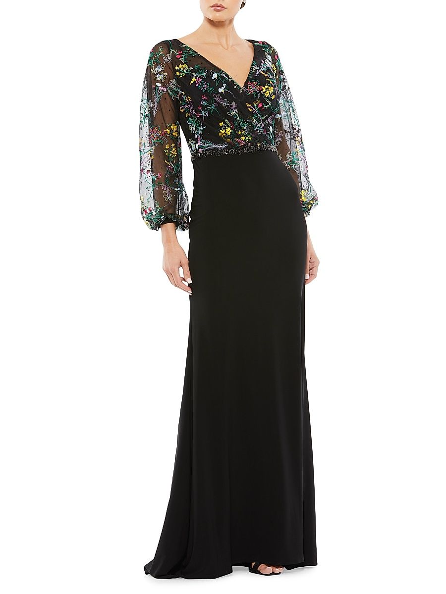 Women's Embroidered Puff-Sleeve Gown - Black Multi - Size 20