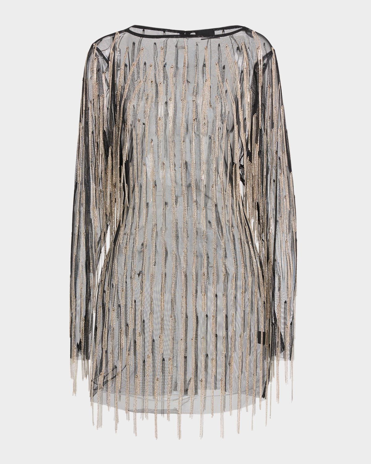 Crystal Fringe Mesh Long-Sleeve Mini Dress