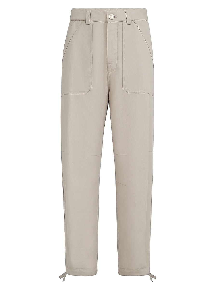 Men's Linen and Cotton Drill Trousers with Patch Pockets and Drawstring - Cocoa - Size 36