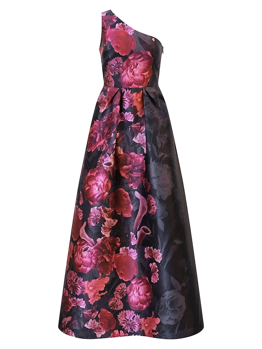 Women's Dianna Floral Mikado One-Shoulder Gown - Twilight Multi - Size 14