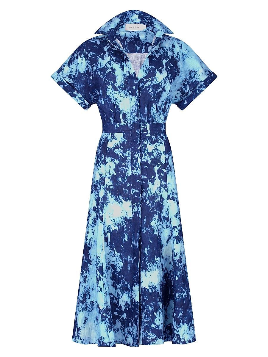 Women's Noor Abstract Linen Short-Sleeve Midi-Dress - Indigo - Size Small