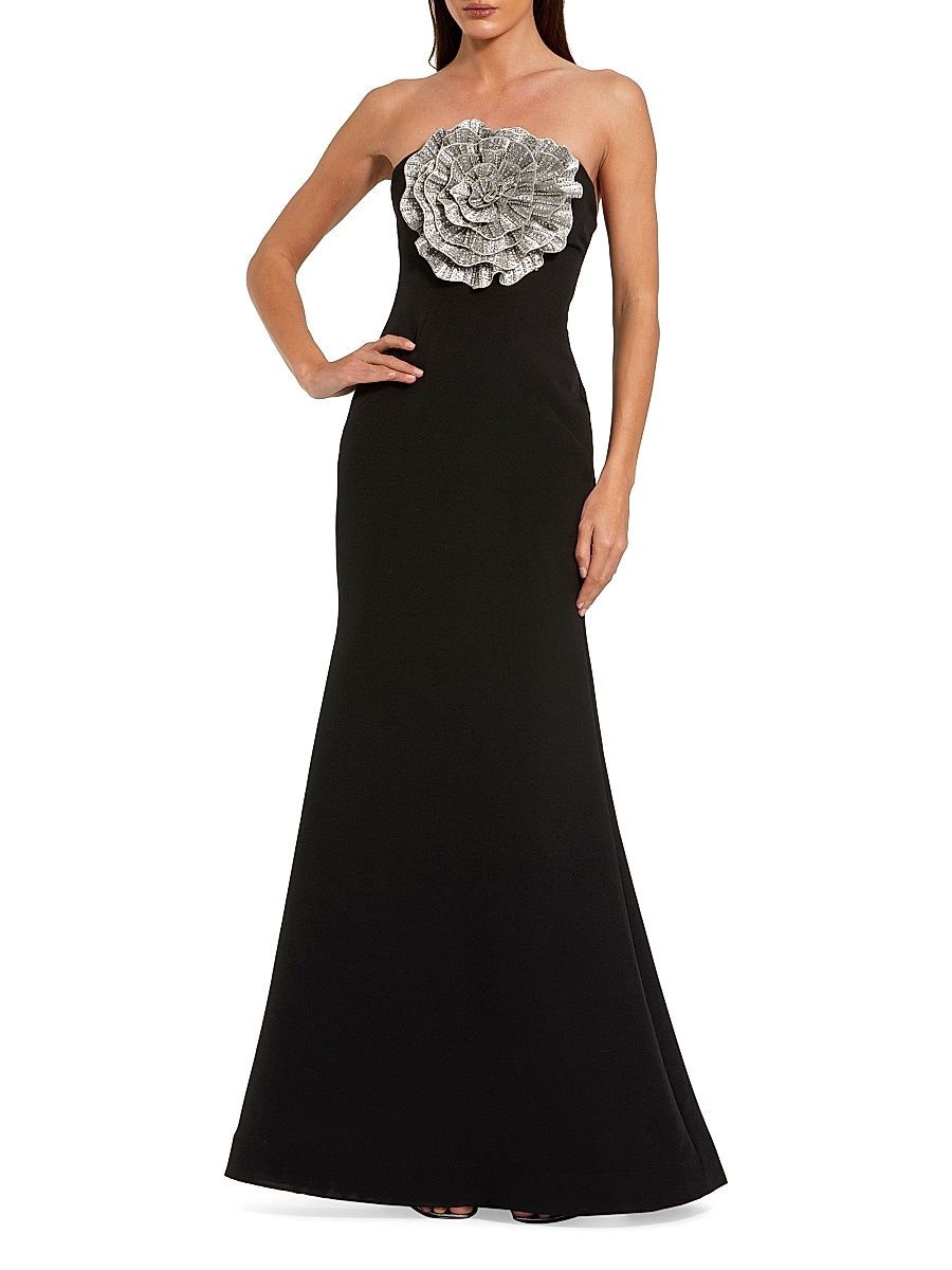 Women's Crêpe 3D Rhinestone Flower Strapless Gown - Black - Size 14