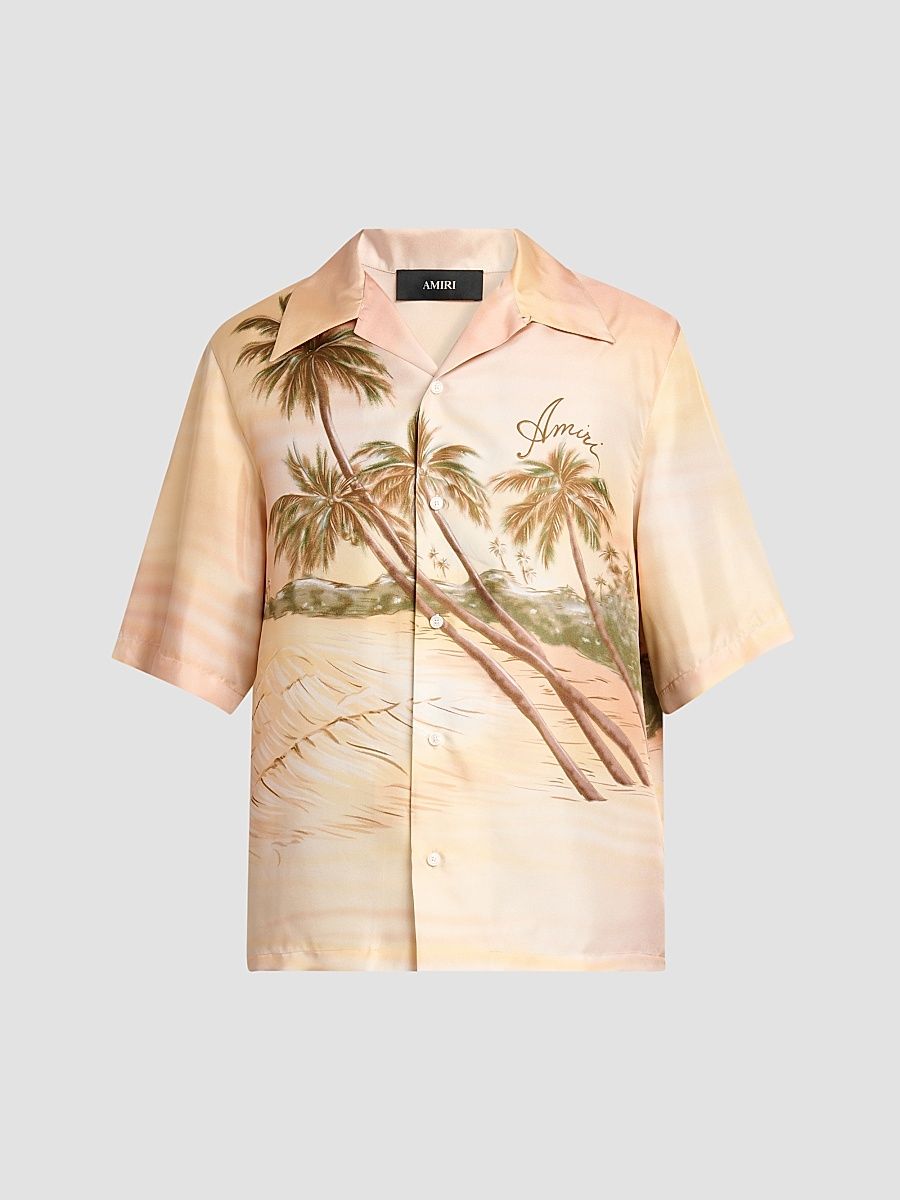 Men's Palms Printed Silk Camp Shirt - Ivory - Size XS