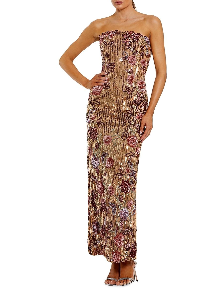 Women's Floral Sequin Strapless Column Dress - Gold Multi - Size 14
