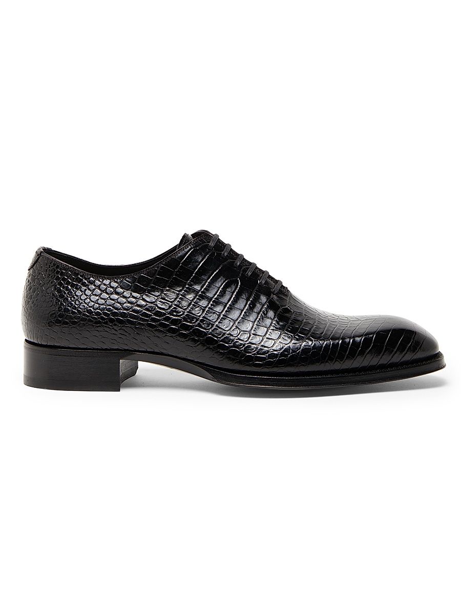 Men's Elkan Shiny Croc Embossed Oxford Shoes - Black - Size 7.5