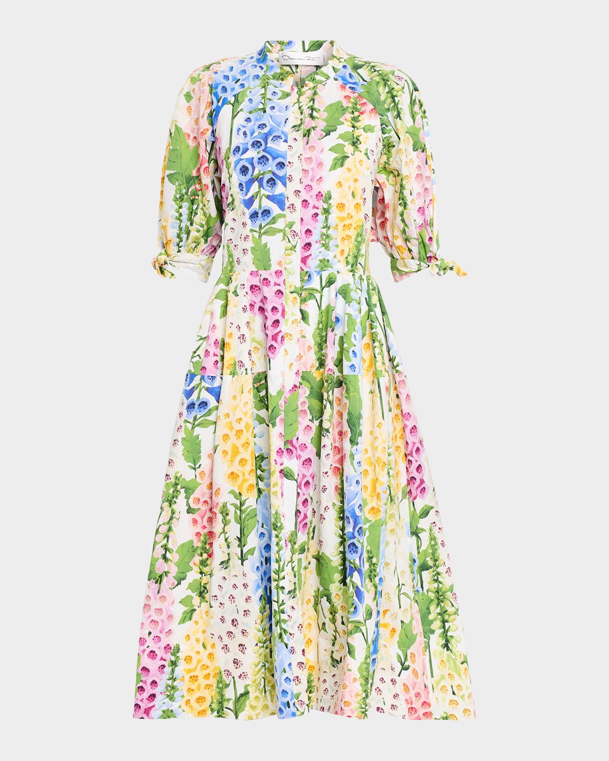 Puff-Sleeve Foxglove-Print Poplin Midi Shirtdress