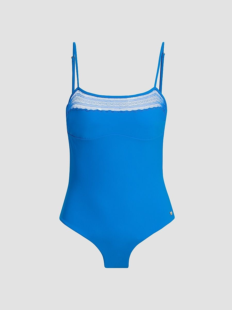 Women's Inset Lace One-Piece Swimsuit - Blue Francais - Size Large