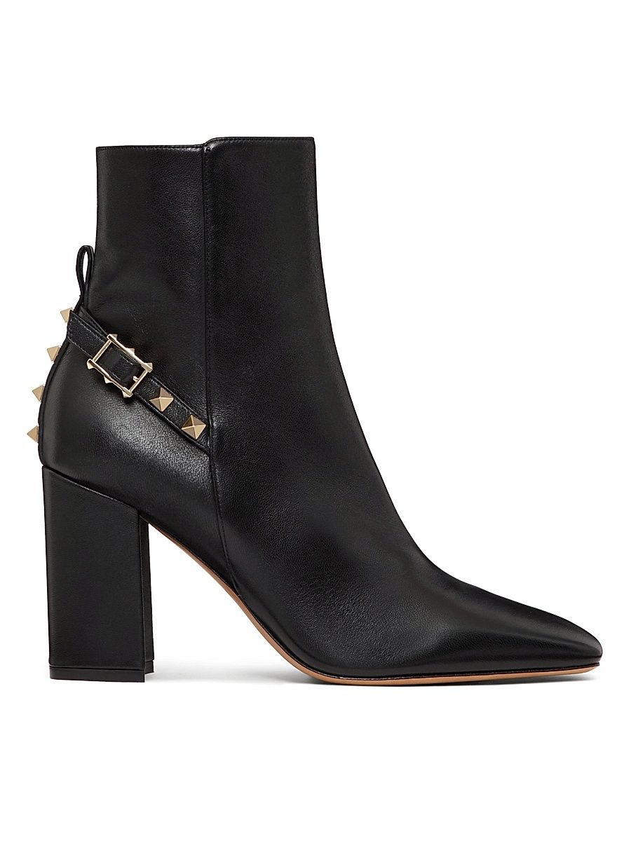 Women's Rockstud Leather Block Heel Booties - Black - Size 12