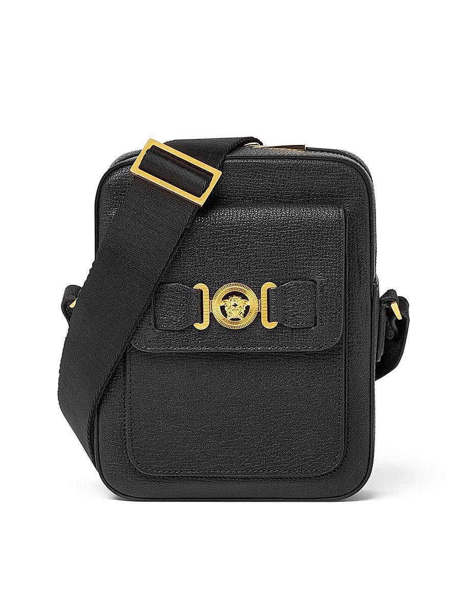 Men's Vertical Logo Leather Crossbody Bag - Black Versace Gold