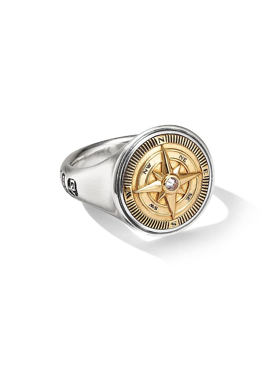 Men's Maritime Compass Signet Ring in Sterling Silver - Gold - Size 10