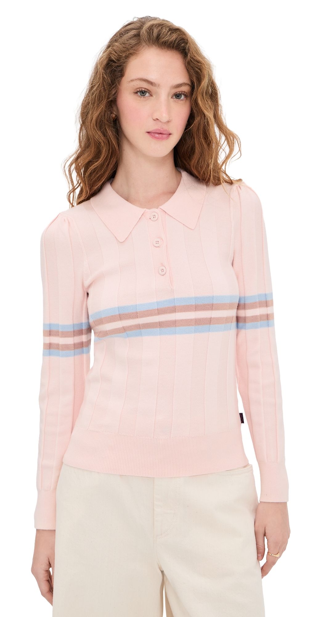 Rowing Blazers Knit Intarsia Stripe Long Sleeve Polo Pink M