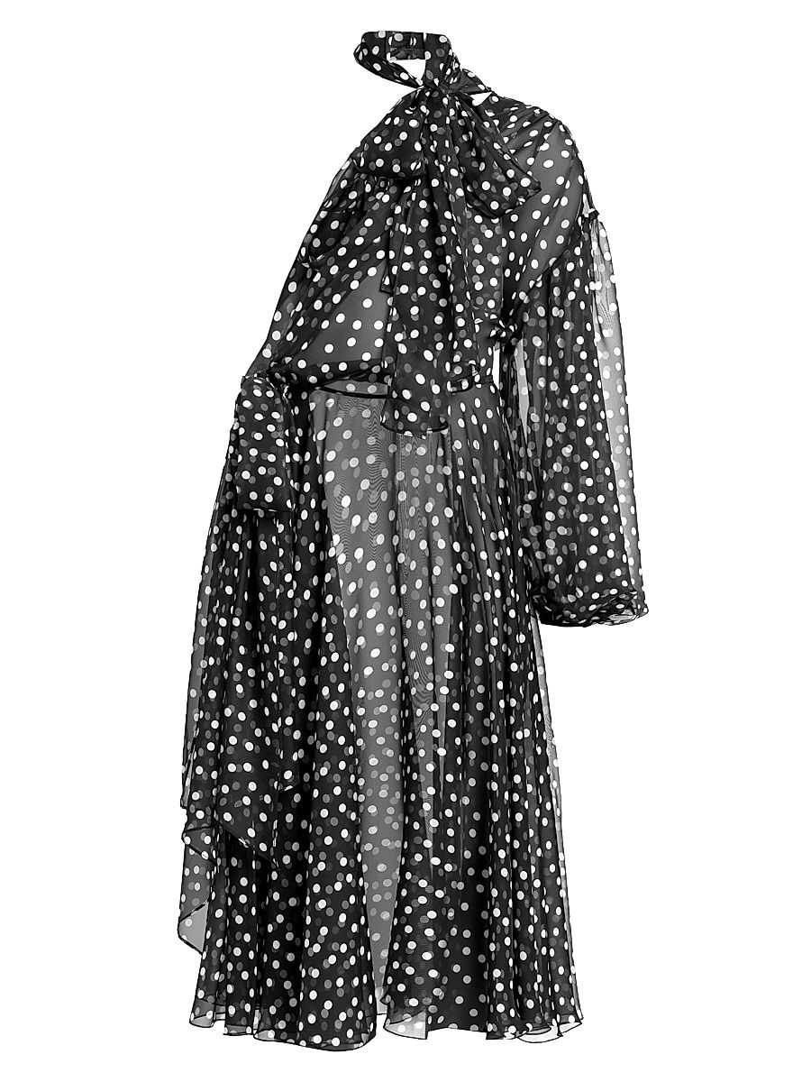 Women's Sheer Polka Dot Chiffon Silk One-Shoulder Midi Dress - Nero Bianco - Size 10