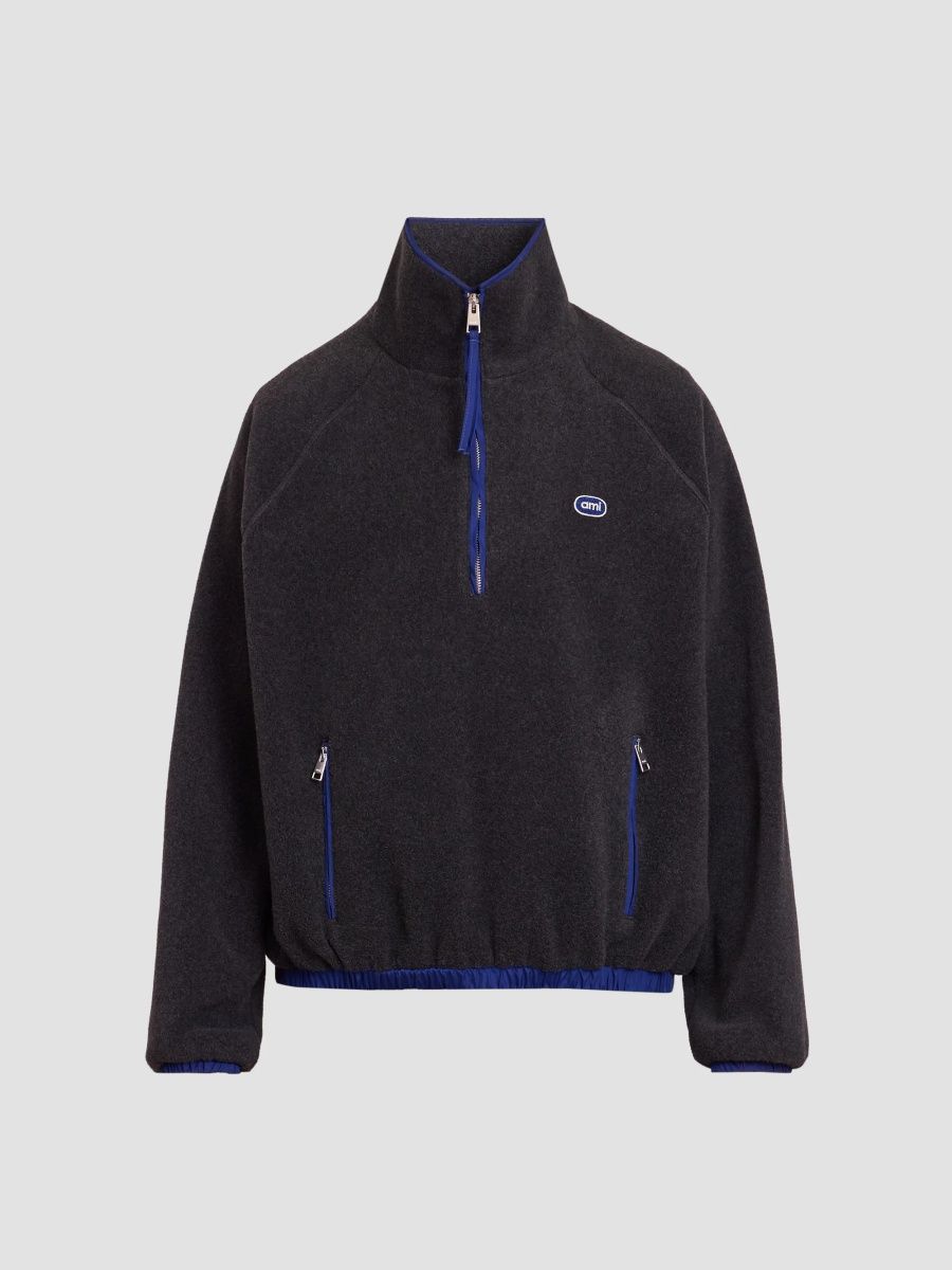 AMI Paris Men's Half-Zip Fleece Pullover - Gris Carbone - Size XL