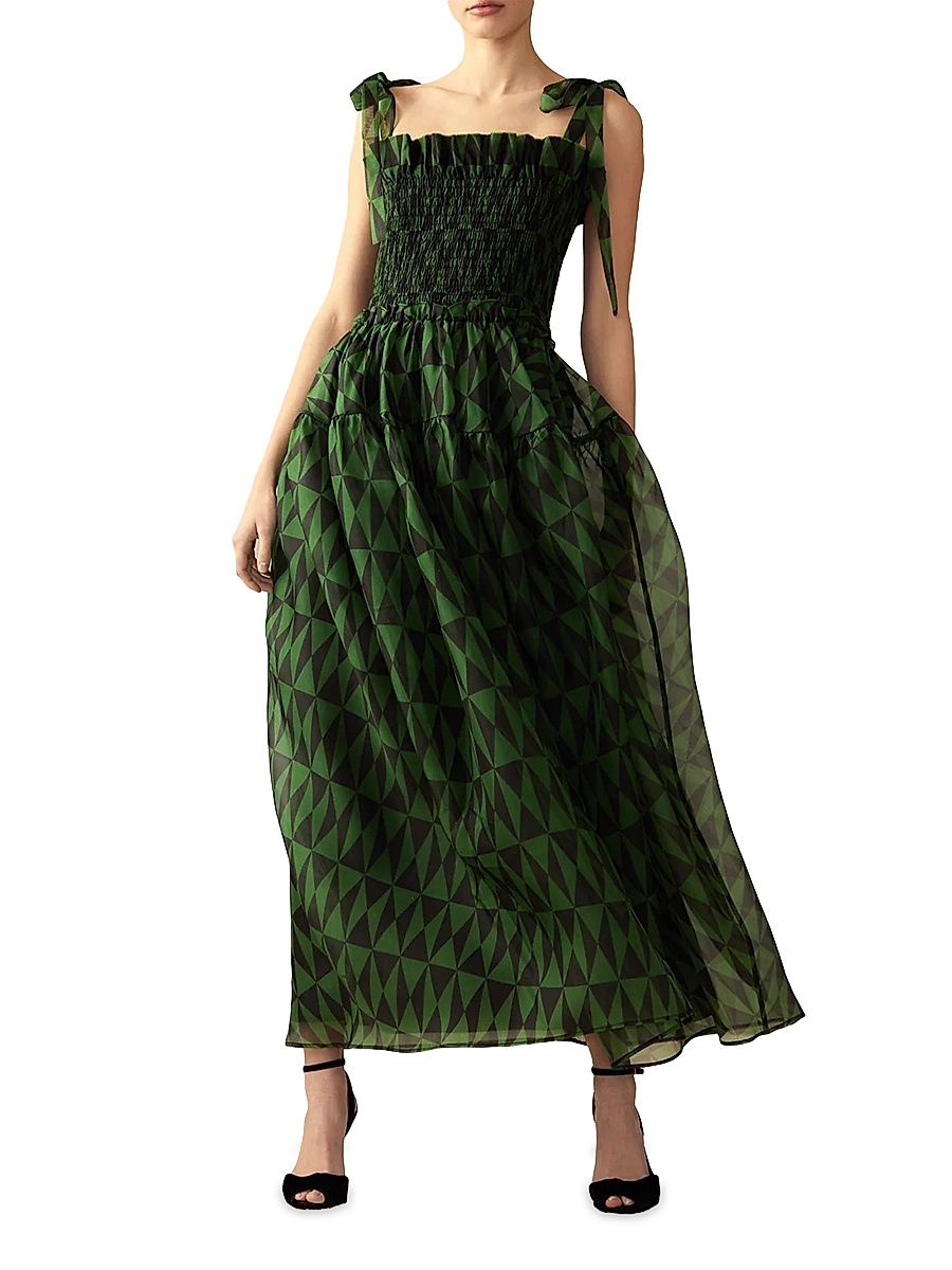 Women's Smocked Tie-Strap Maxi Dress - Black Green - Size XS