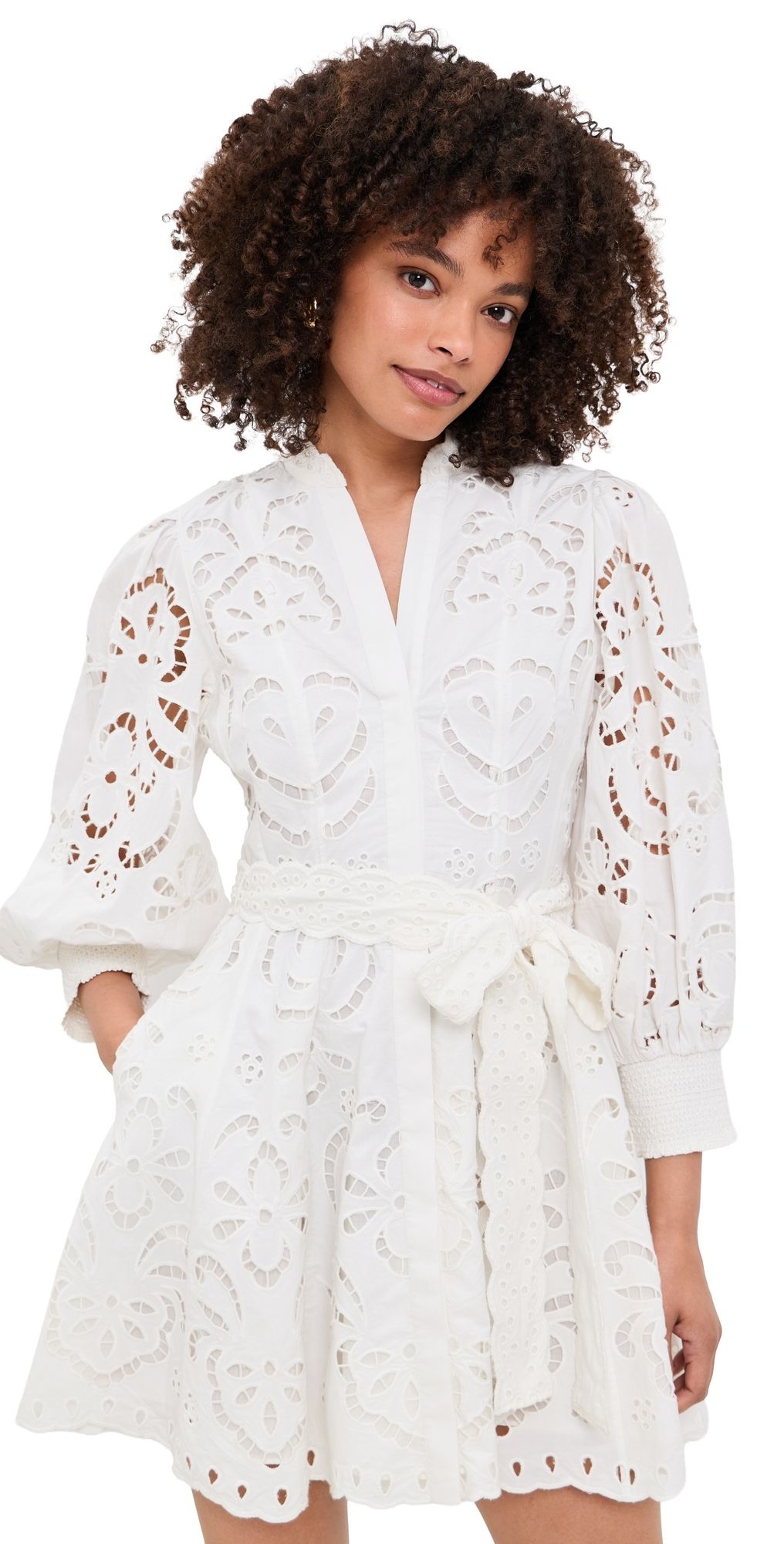 ALICE + OLIVIA Lucy Embroidered Long Sleeve Mini Shirt Dress Off White 10