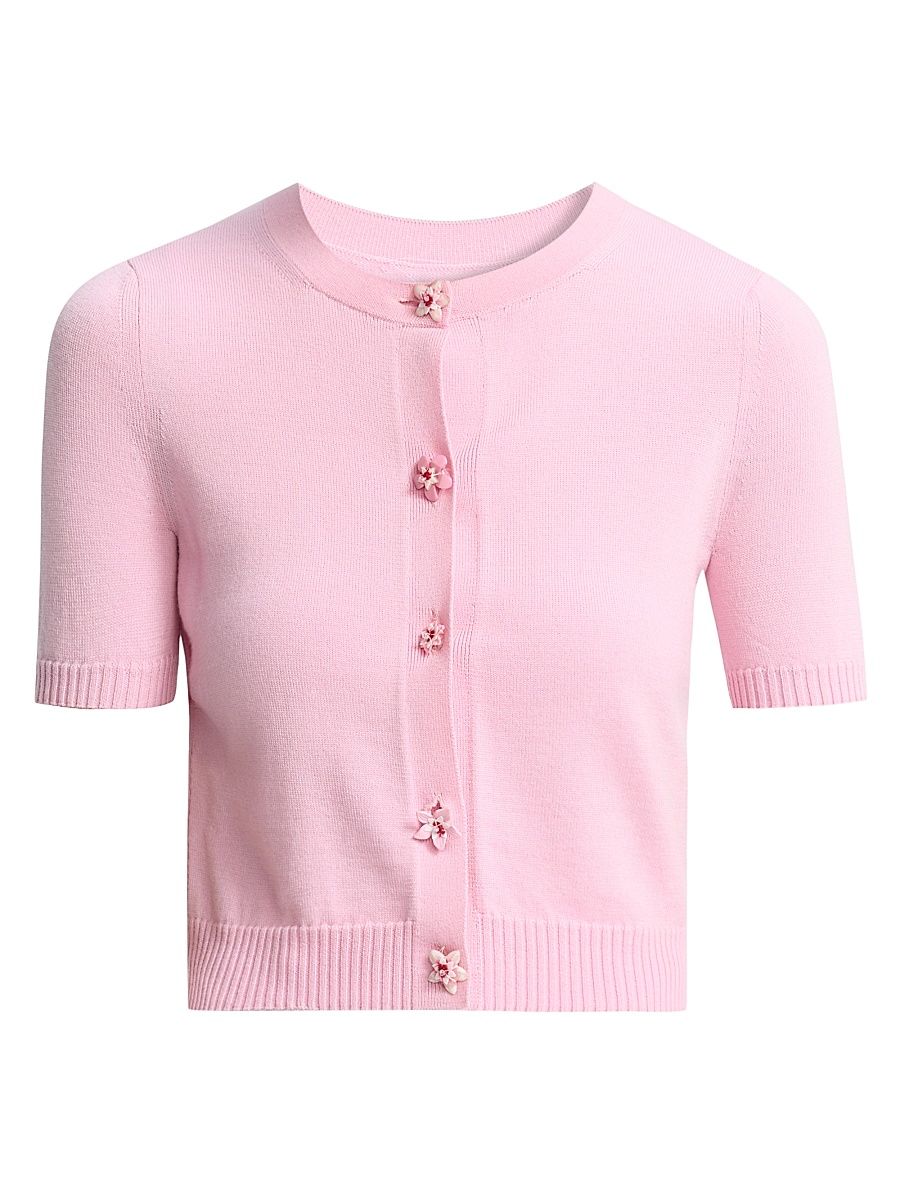 Women's Flower-Button Short-Sleeve Wool Cardigan - Pink Butter - Size Medium
