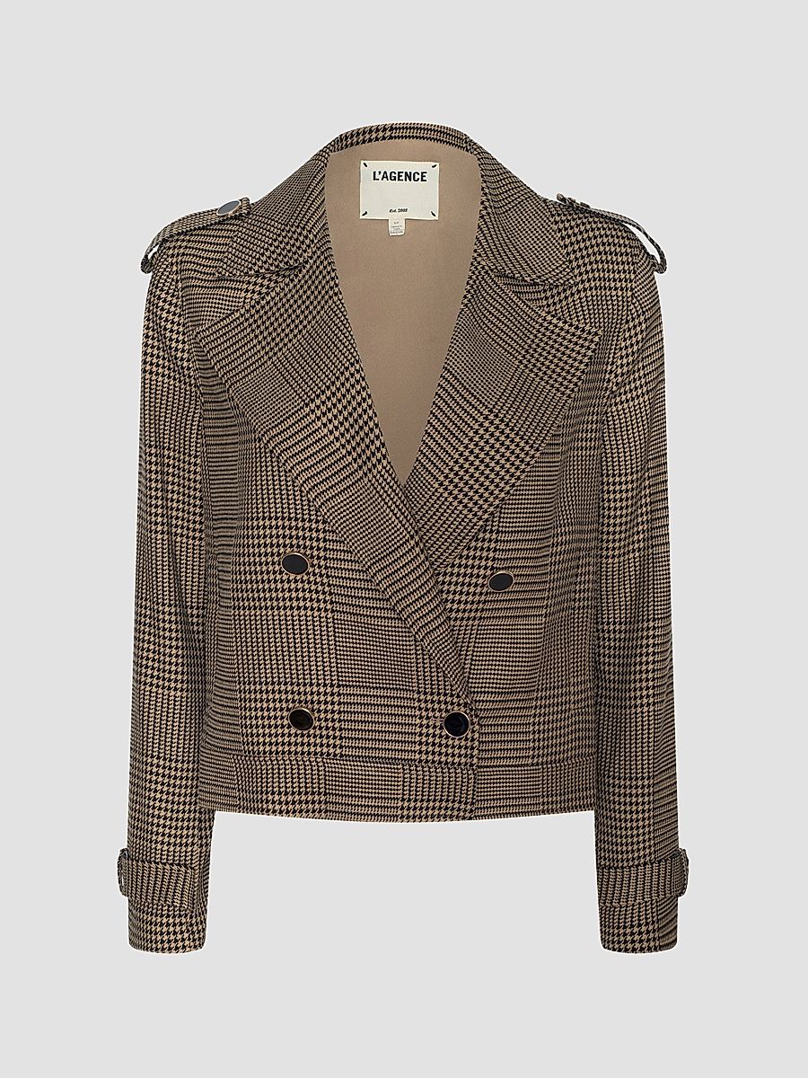Women's Xoey Houndstooth Crop Trench Jacket - Brown Black Glen Plaid - Size Large