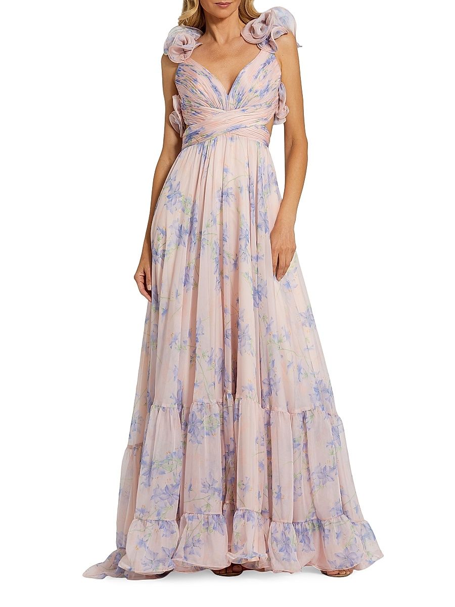 Women's Ruffle Tiered Floral Cut-Out Chiffon Gown - Violet Multi - Size 12