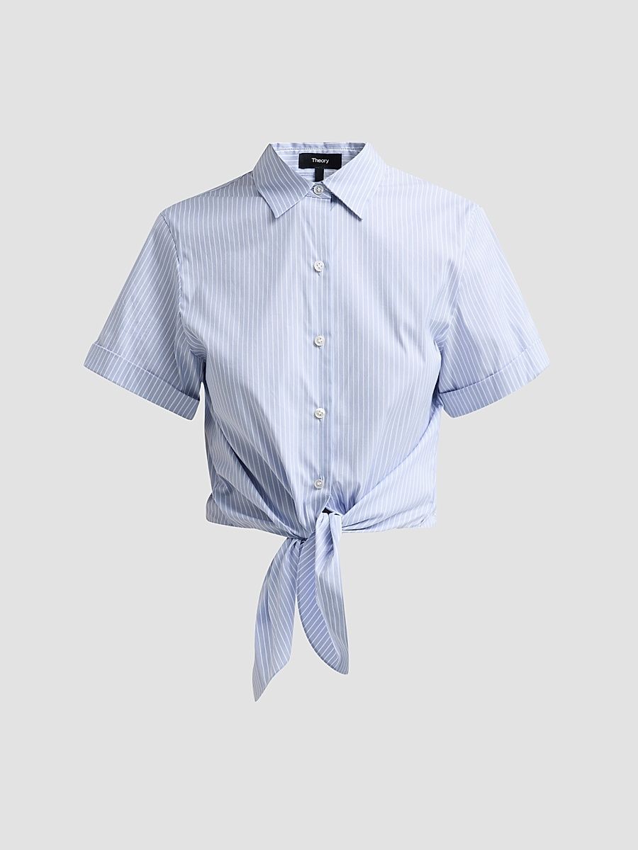 Women's Pinstripe Cotton-Blend Tie Shirt - Blue Multi - Size XL