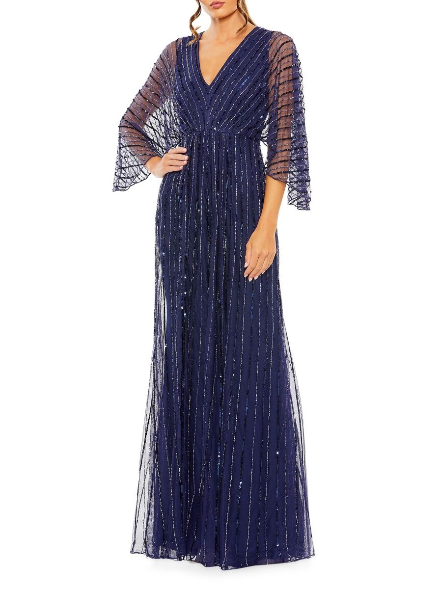 Mac Duggal Women's Wide-Sleeve Sequin Beaded Gown - Navy - Size 6