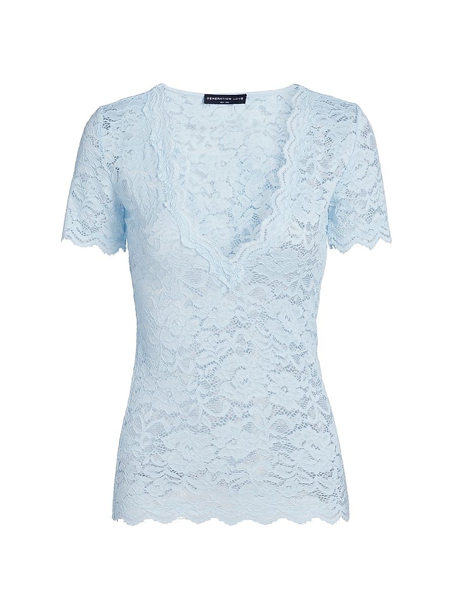 Women's Abigail Lace V-Neck Top - Powder Blue - Size XL