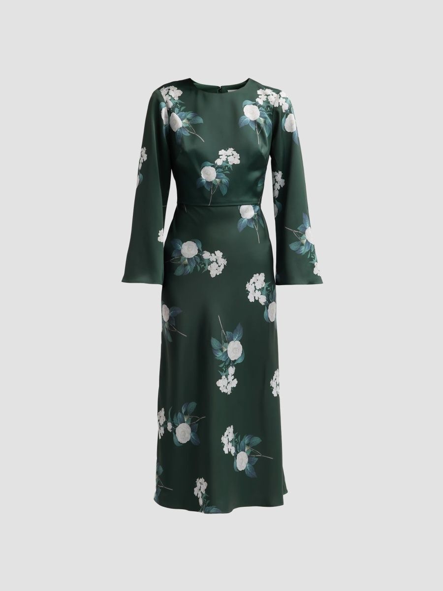 Women's Tyra Floral Satin Midi Dress - Forest Flower - Size 8