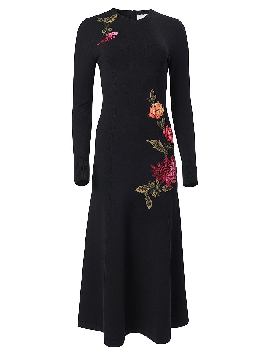 Women's Chrysanthemum-Embroidered Wool & Silk-Blend Midi-Dress - Black Multi - Size Large