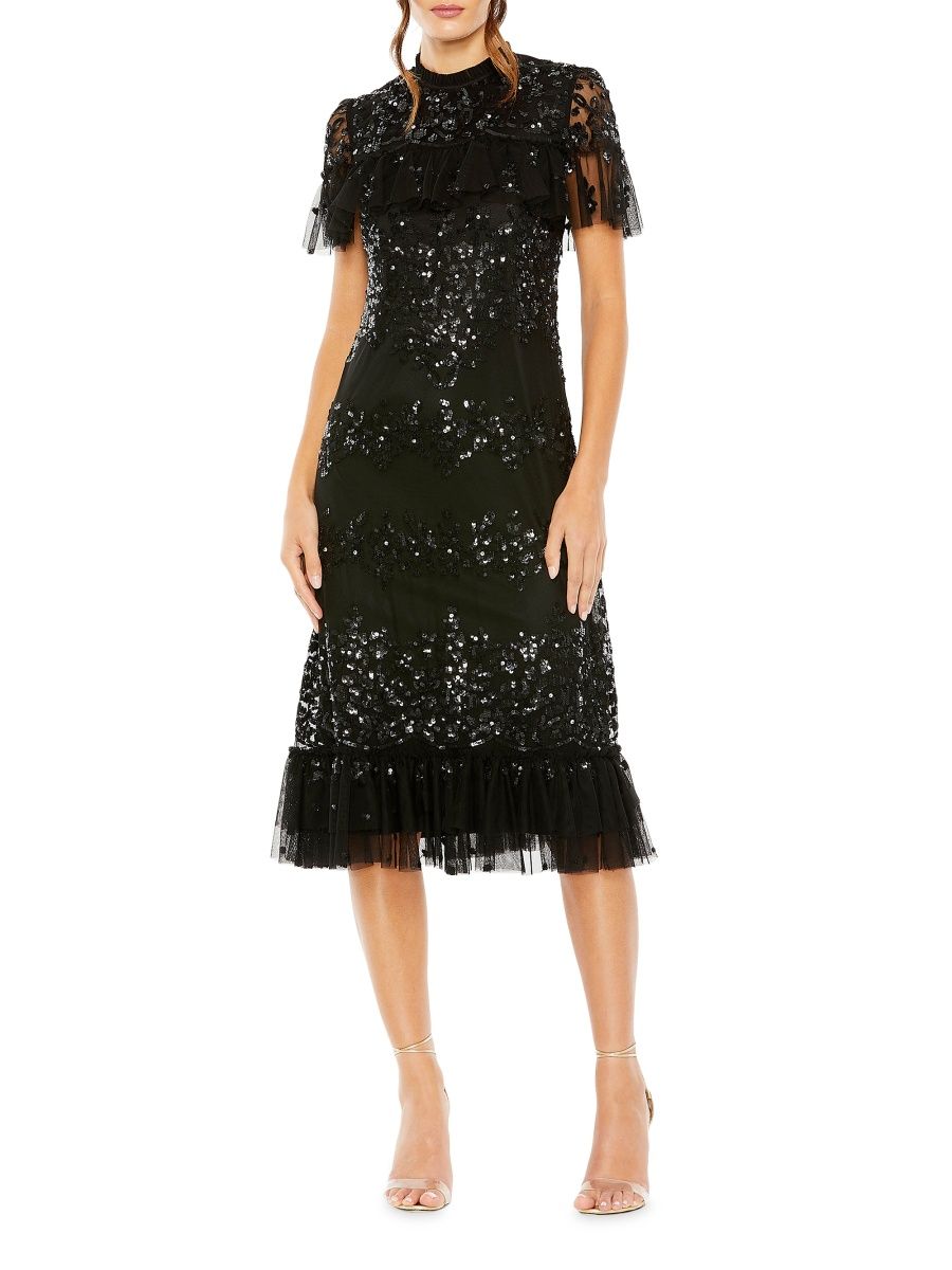 Mac Duggal Women's Sequined Flounce Midi-Dress - Black - Size 14