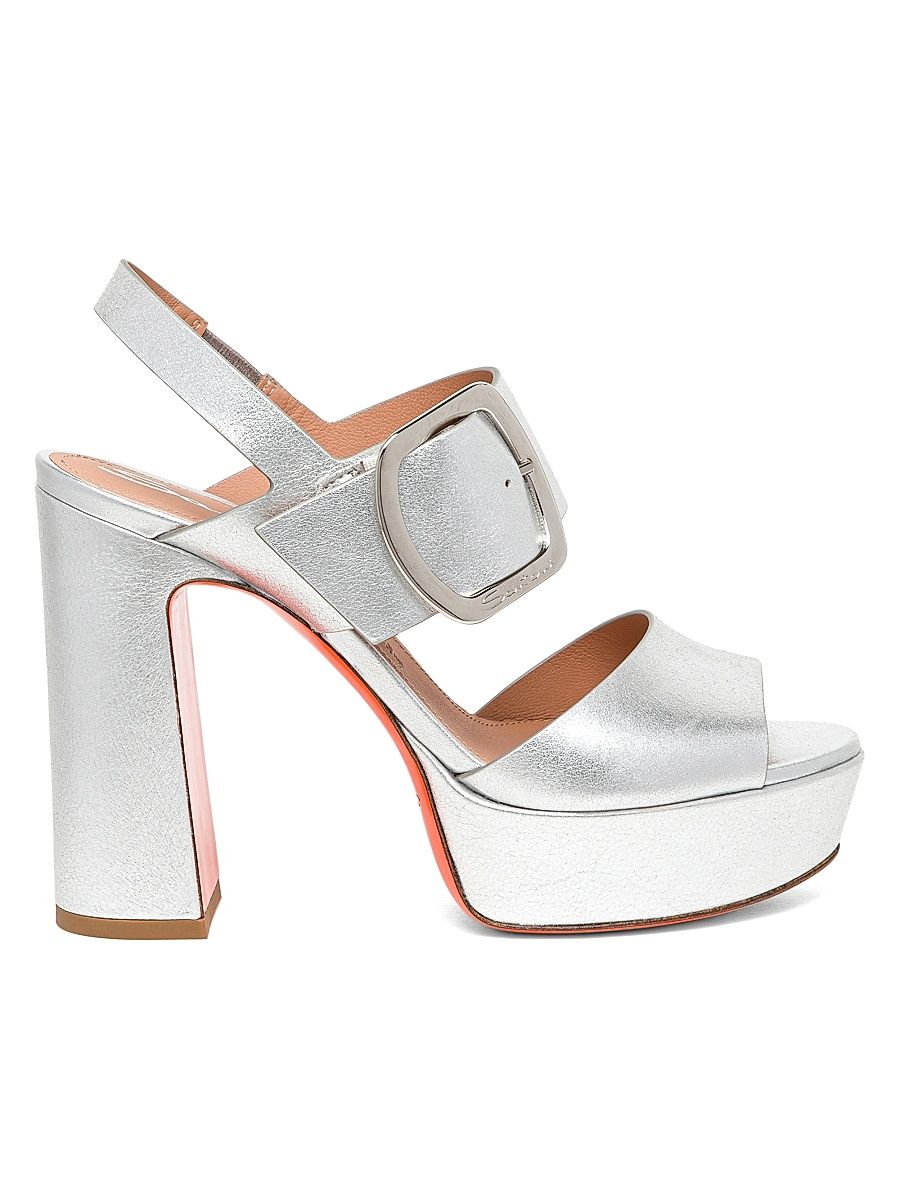 Women's Metallic Leather Buckle Platform Sandals - Silver - Size 11