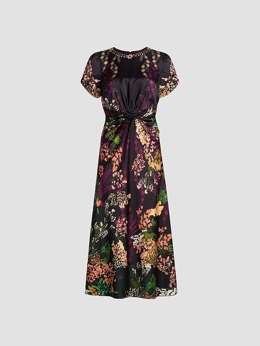 Women's Gwen Floral Satin Midi-Dress - Equinox Placement - Size 8