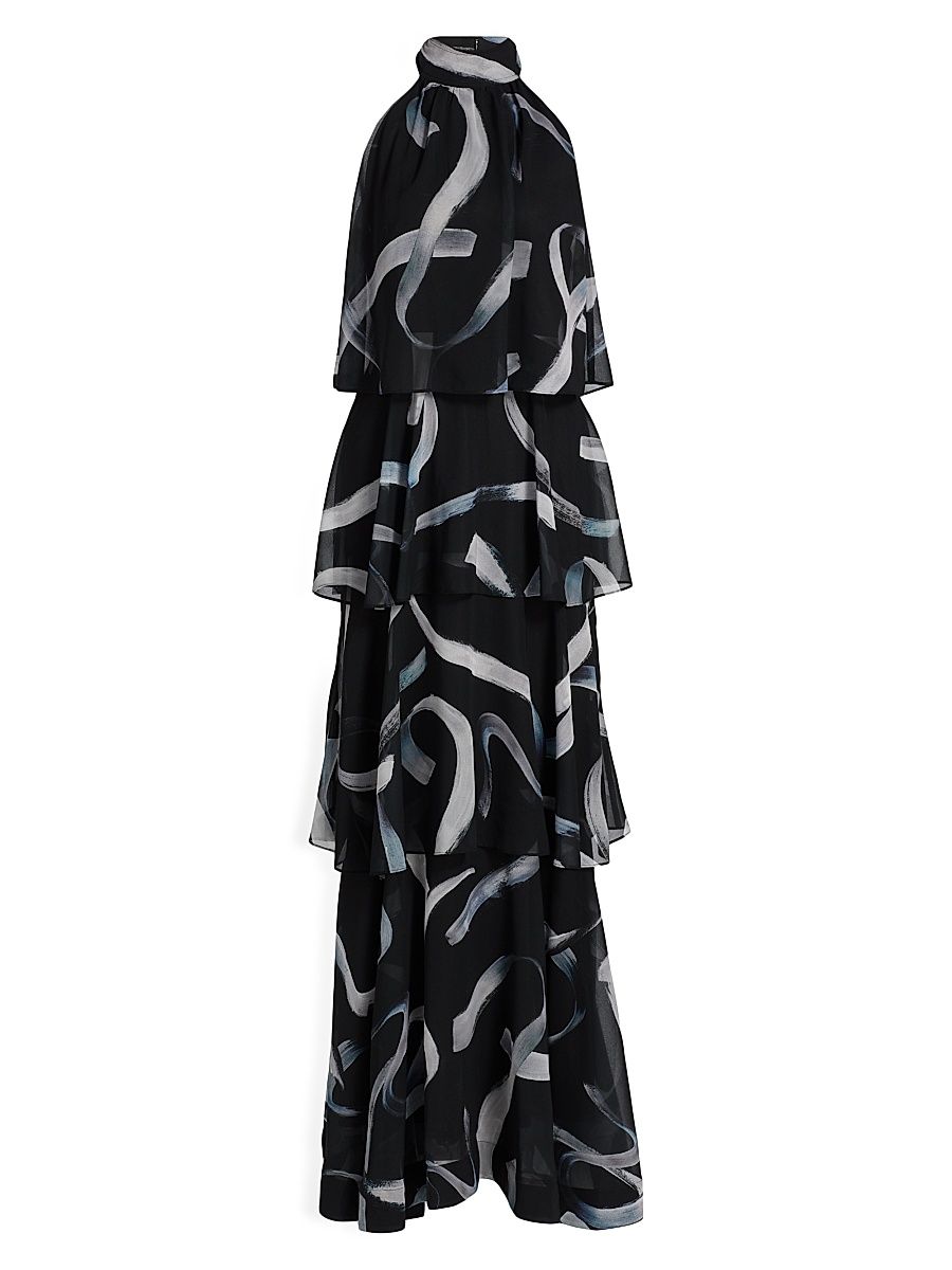 Women's Salem Abstract Ruffle Chiffon Maxi Dress - Black White - Size 4