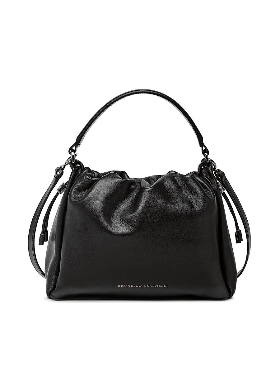 Women's Mellow Small Bucket Bag in Soft Leather with Monili - Black