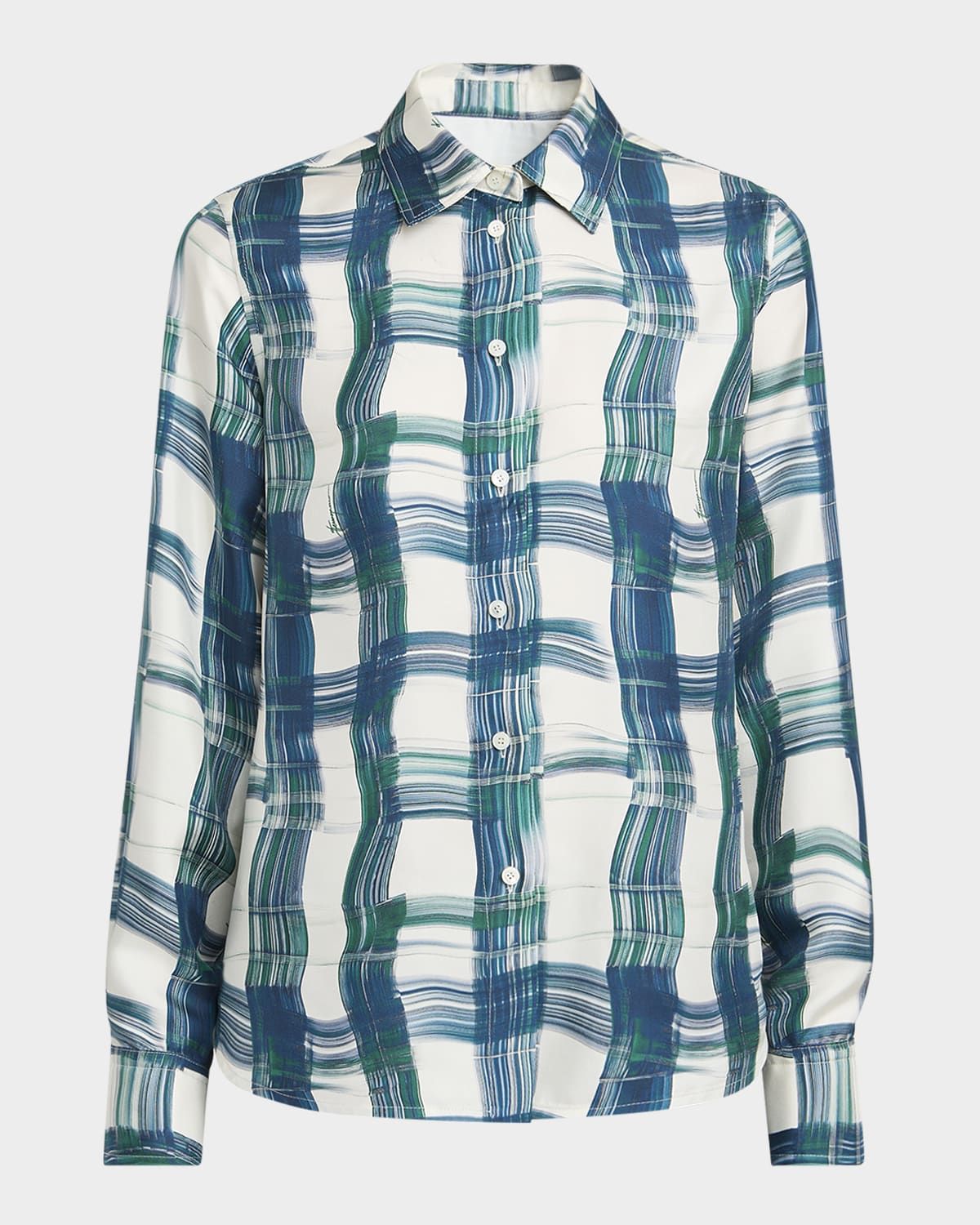 Brushstroke Check Button Down Silk Blouse