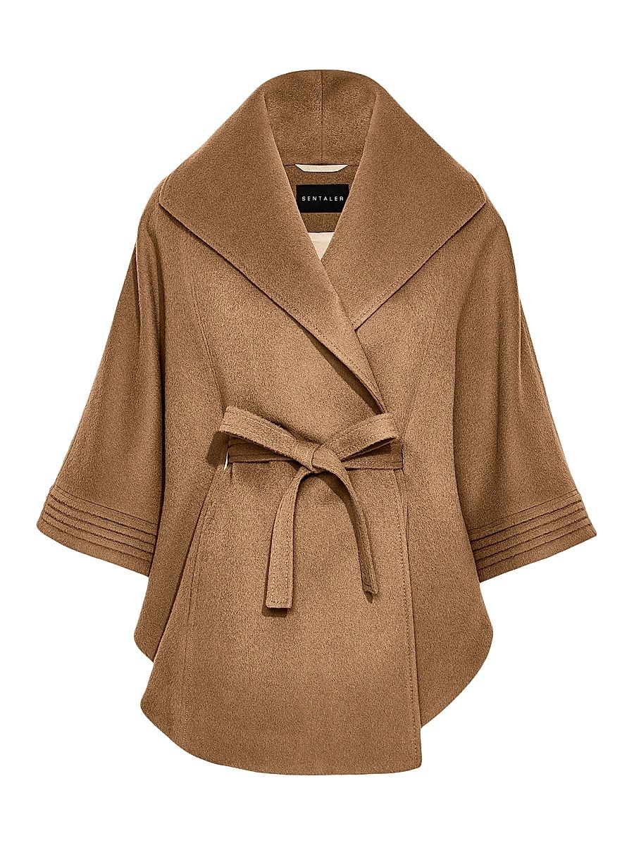 Women's Shawl Collar Belted Alpaca Cape - Dark Camel