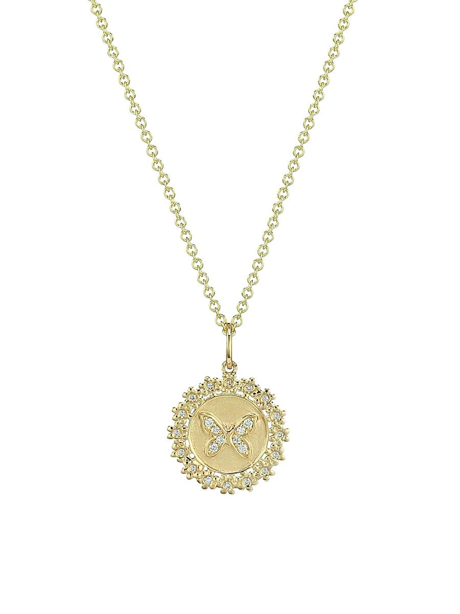 Women's 14K Yellow Gold & Diamond Daisy-Trimmed Small Bee Coin Pendant Necklace - Gold