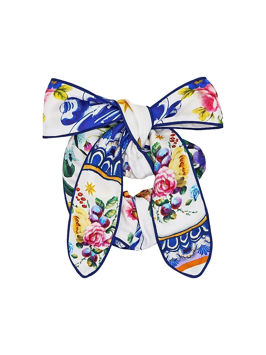 Women's Tiles Darls Floral Silk Bow Scrunchie - White Blue Multi