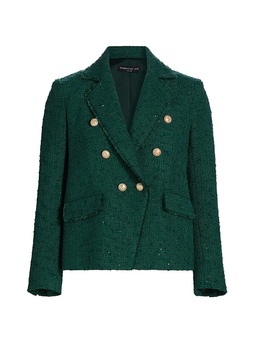 Women's Eliza Tweed Double-Breasted Blazer - Forest - Size Small