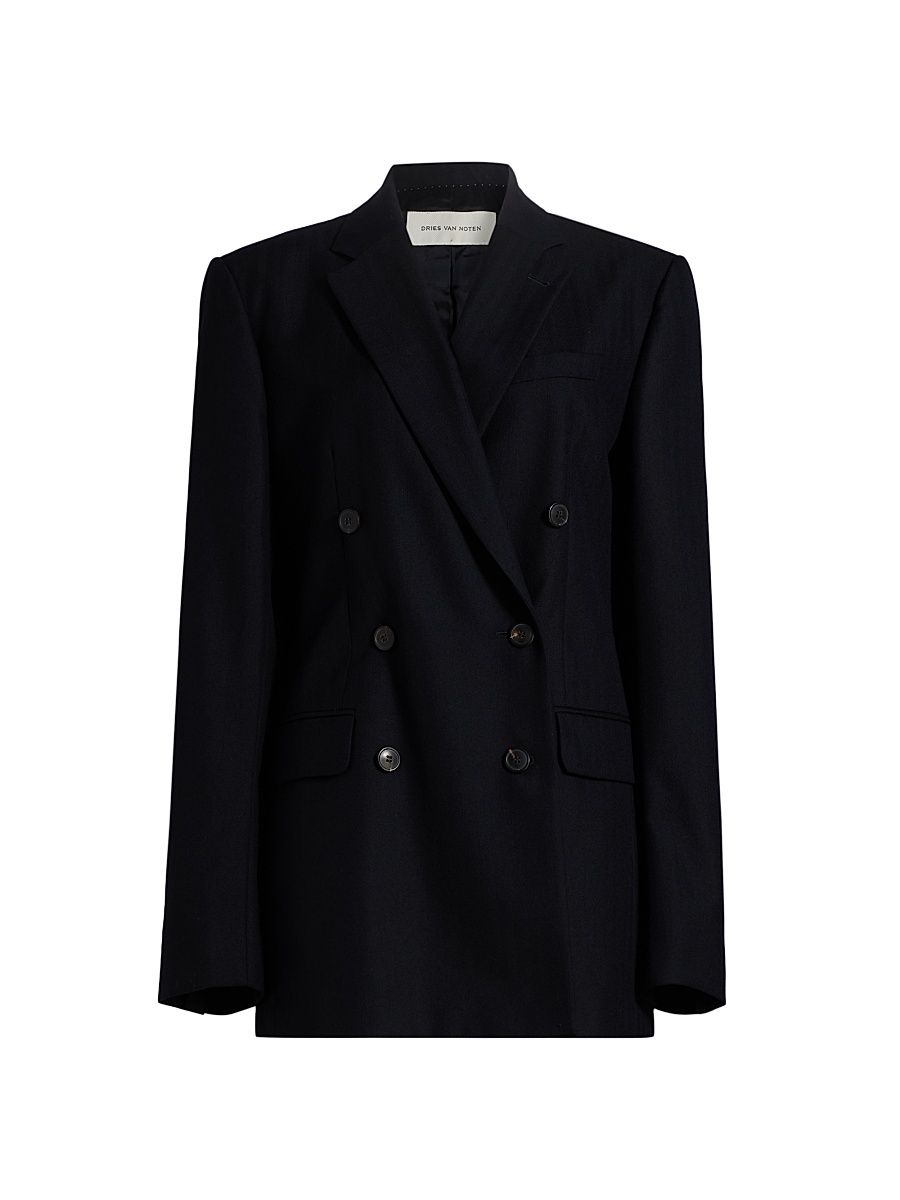 Women's Double-Breasted Wool Blazer - Navy - Size 8
