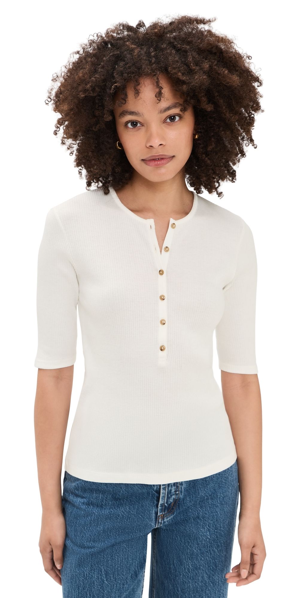 Vince Rib Elbow Sleeve Henley Tee Off White M