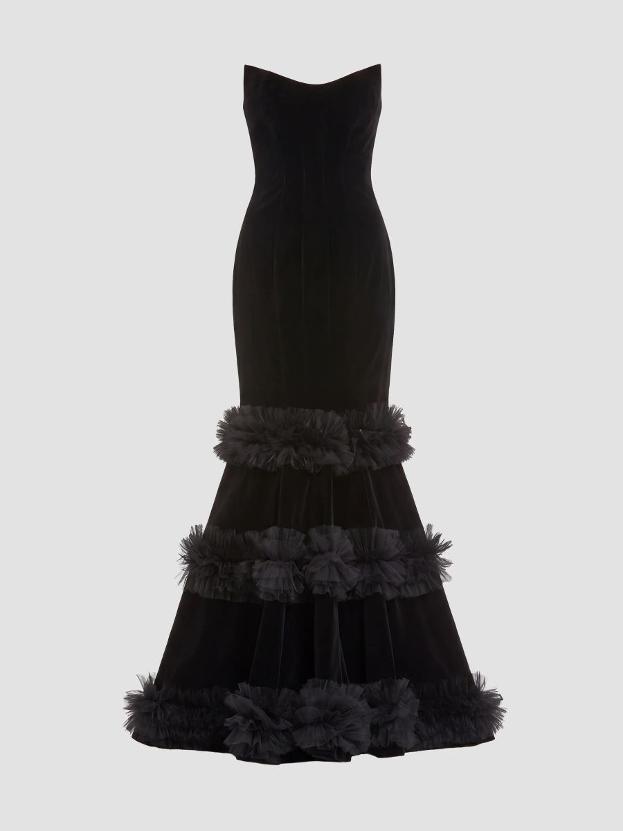 Mac Duggal Women's Velvet Ruffle Tiered Strapless Gown - Black - Size 14