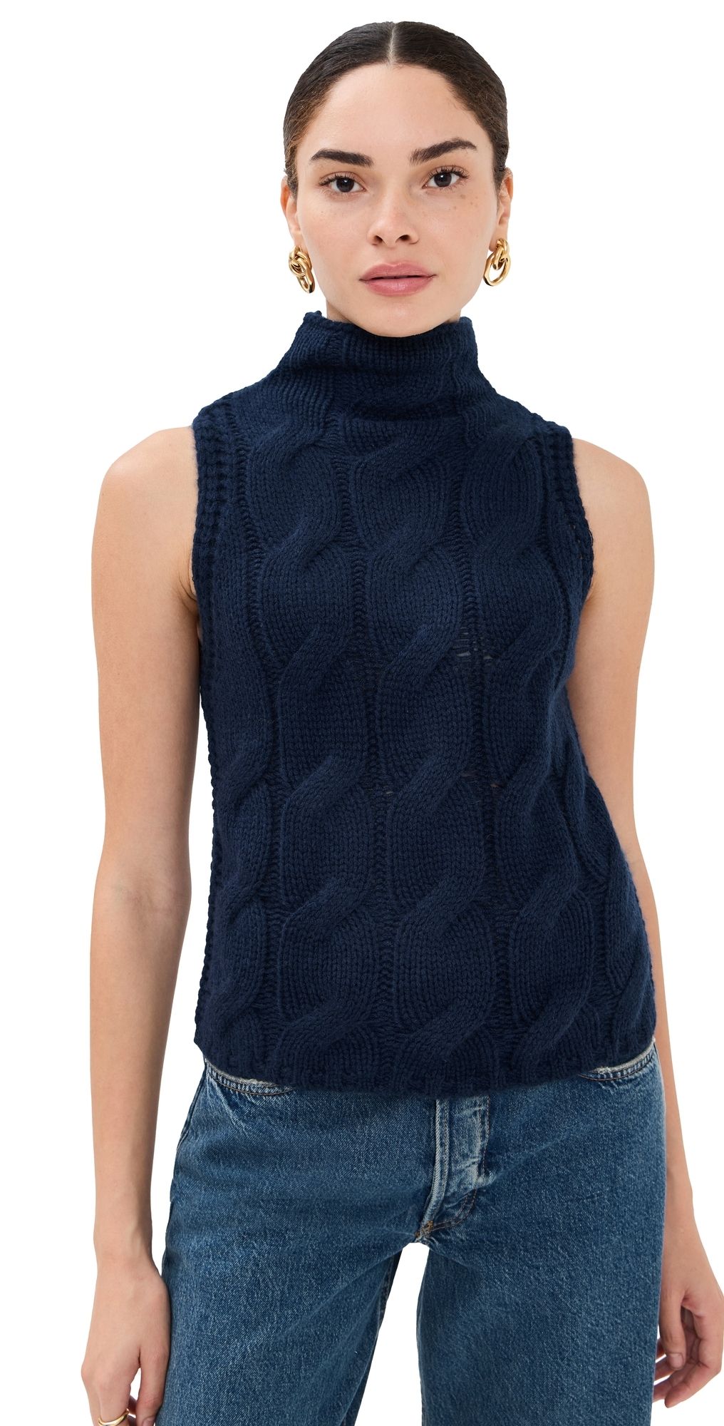 Sablyn Salvia Cashmere Cable Knit Sleeveless Turtleneck Midnight Navy M