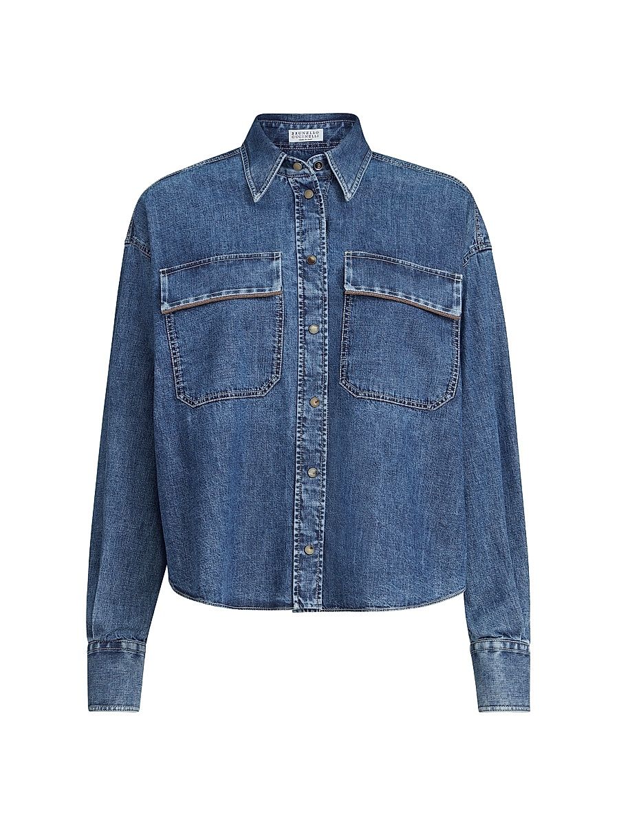 Women's Lightweight Denim Shirt with Shiny Pockets - Denim - Size XS