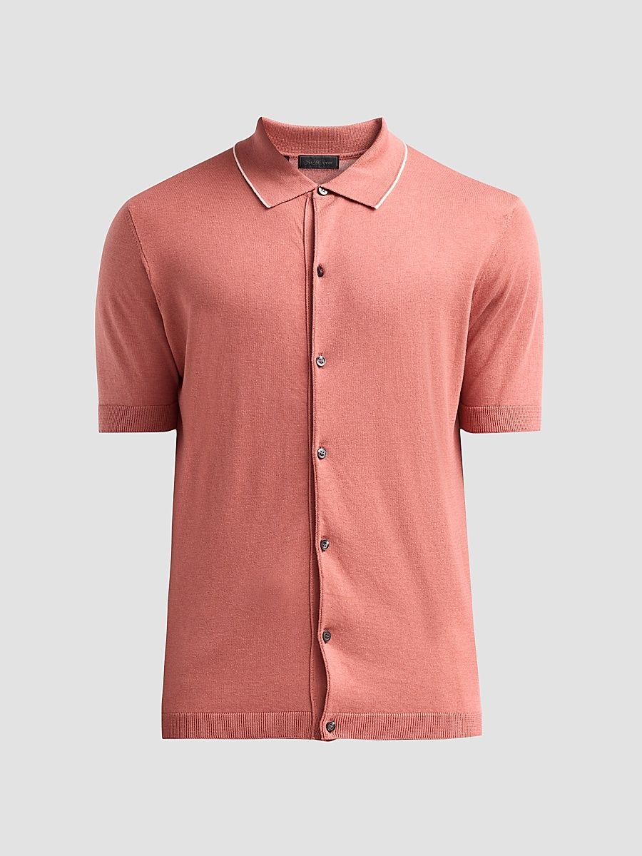 Men's Cotton-Silk Knit Tipped-Collar Sweater - Pink - Size XXL