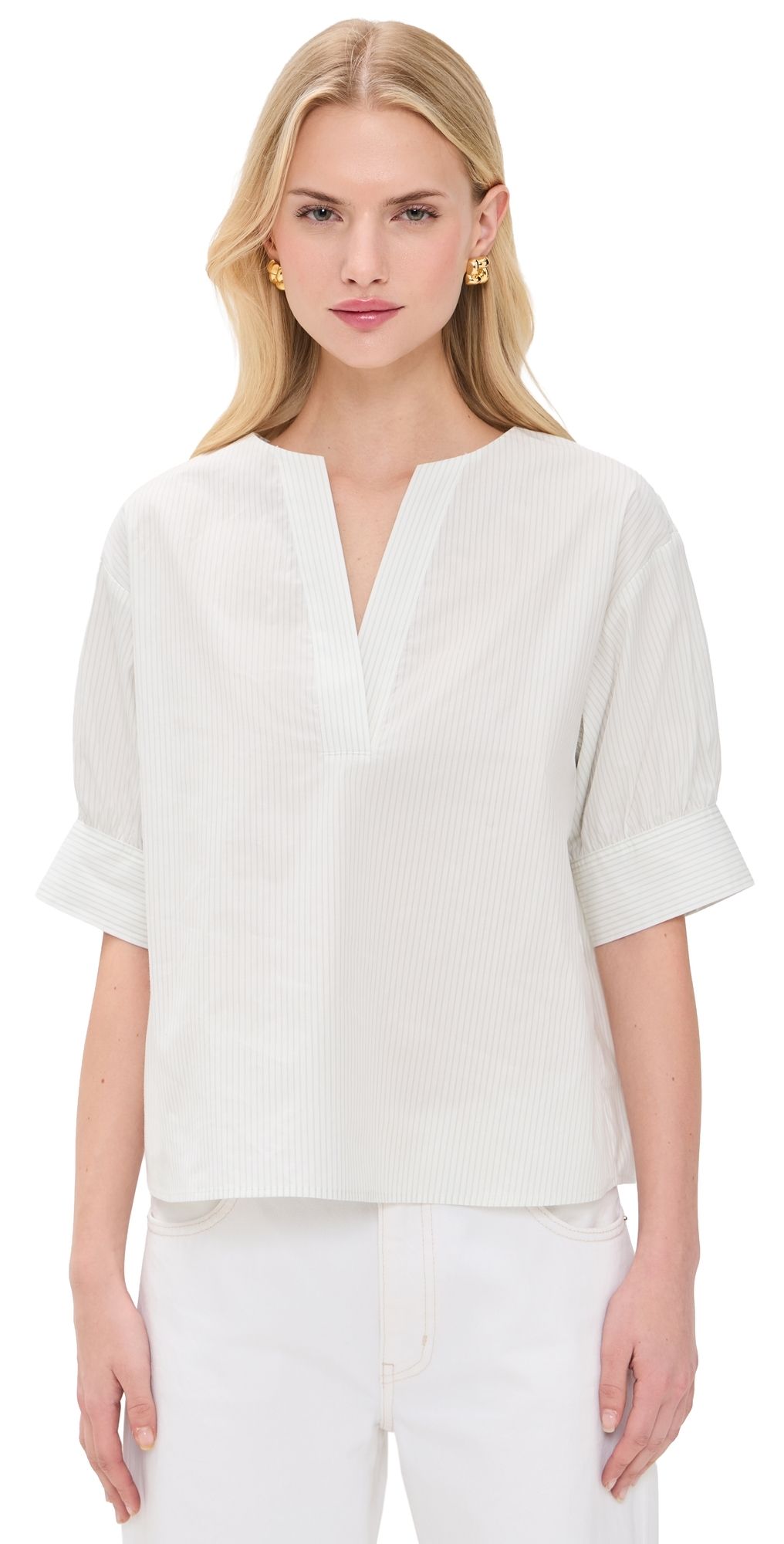 FRAME The V Neck Popover Top Cream Multi S